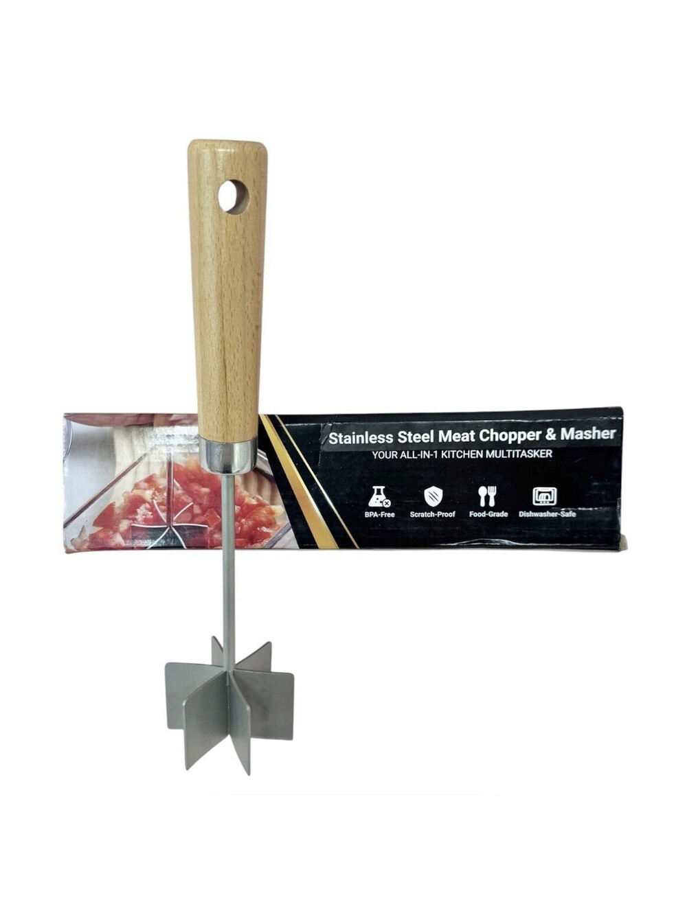 (RB) Stainless Steel Meat Chopper & Masher 6-Blade Ground Beef Tool Wood Handle